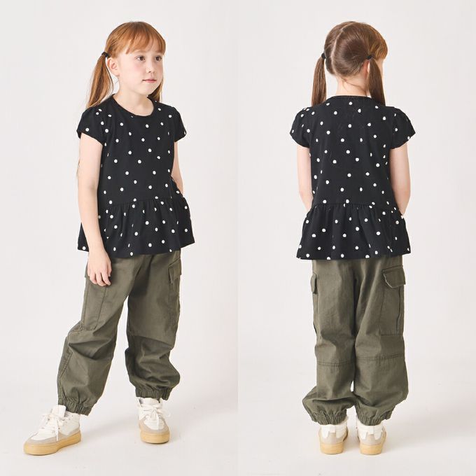 日本 evercloset - 100%棉 層次荷葉衣襬短袖上衣-點點-摩卡