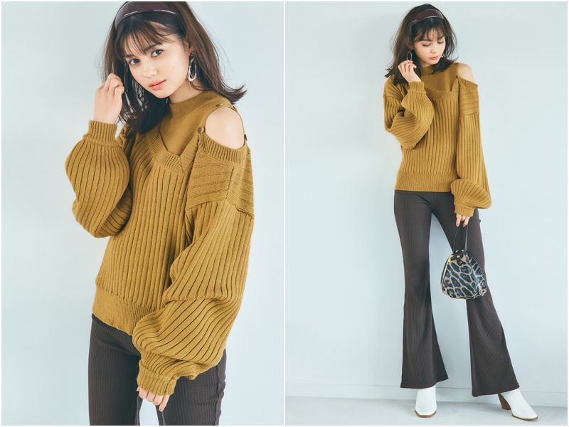 日本 GRL - 設計感拼接單挖肩羅紋針織毛衣-氣質杏