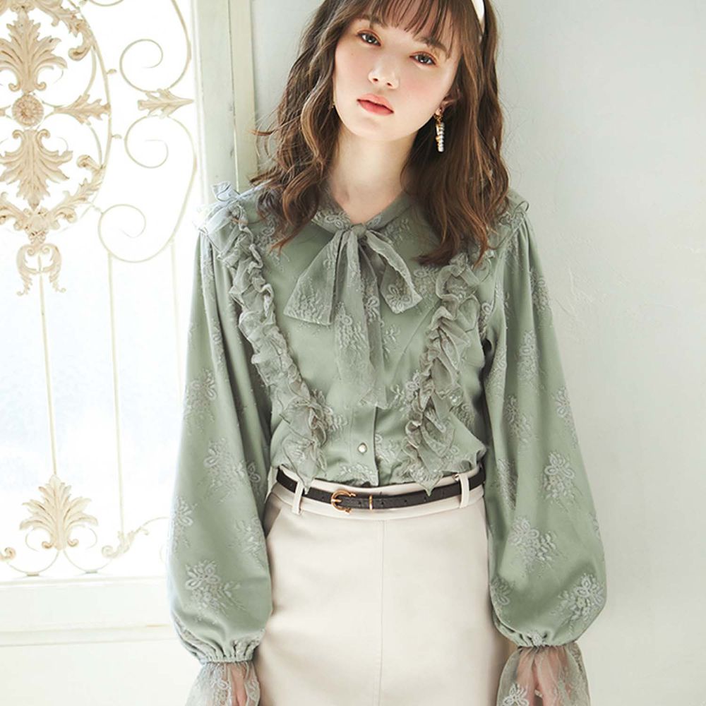 日本 GRL - 華麗刺繡綁帶長袖襯衫-莫蘭迪綠 (M)
