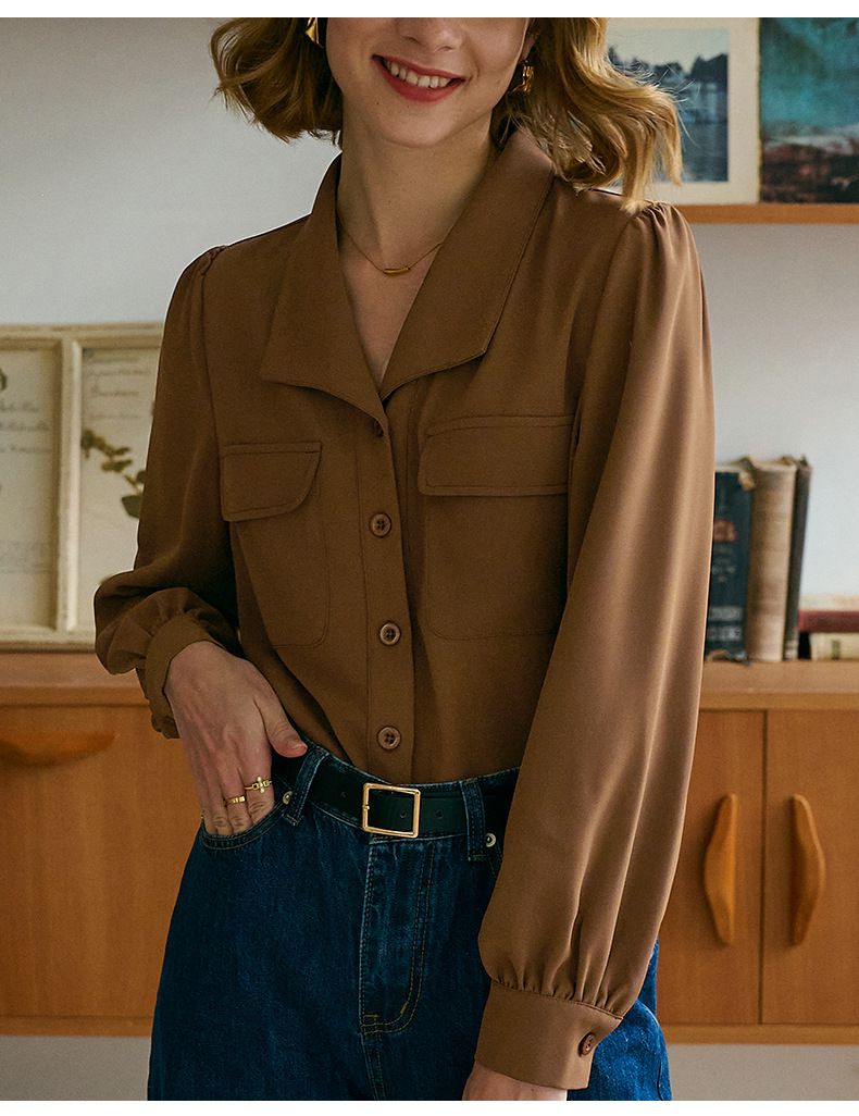 復古棉質口袋長袖襯衫-焦糖色