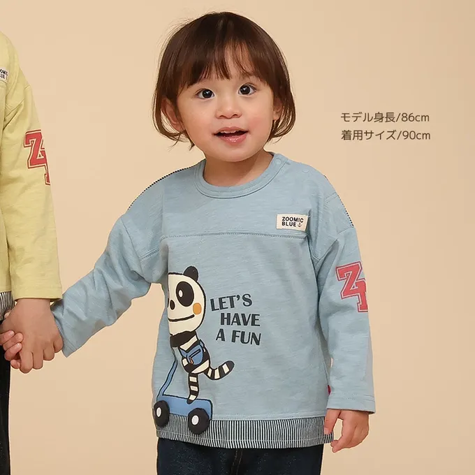 日本 ZOOLAND - 春季拼接風長袖上衣-滑板車小熊-黃