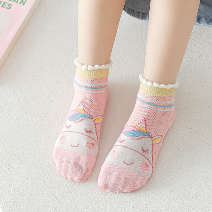 love, charlotte - 泡泡花邊獨角獸愛心網眼短筒棉襪-5 雙一組