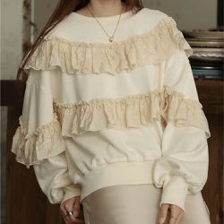 日本 Bab - 豐盈光澤感荷葉裏毛長袖上衣-象牙