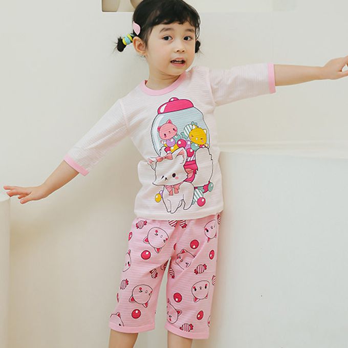 正韓 Puco - 超優質嬰幼兒/兒童七分袖100% 有機純棉家居服/睡衣-泡泡糖貓