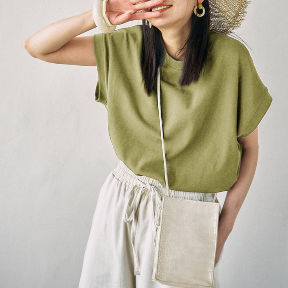 純棉百搭顯瘦法式袖長版上衣-果綠 (F)