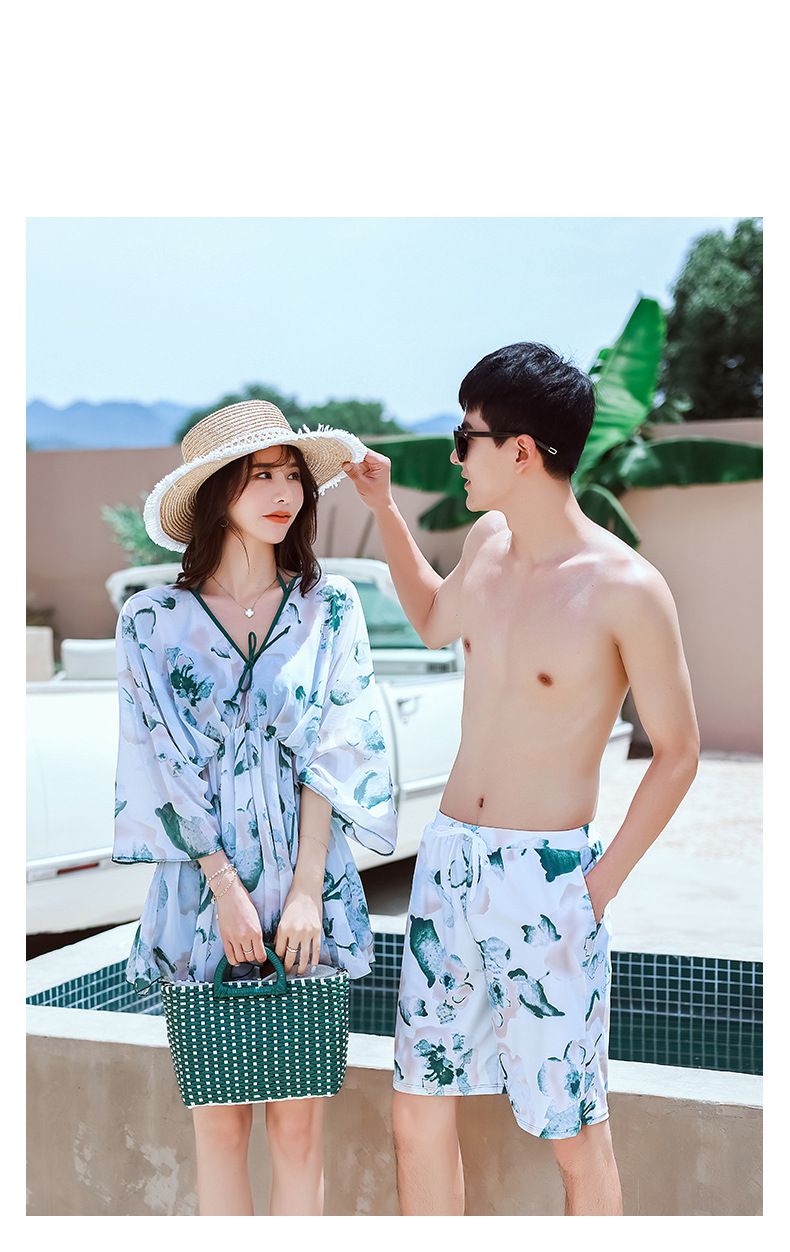 男士泳褲-潑墨葉片-綠+白-直播專屬