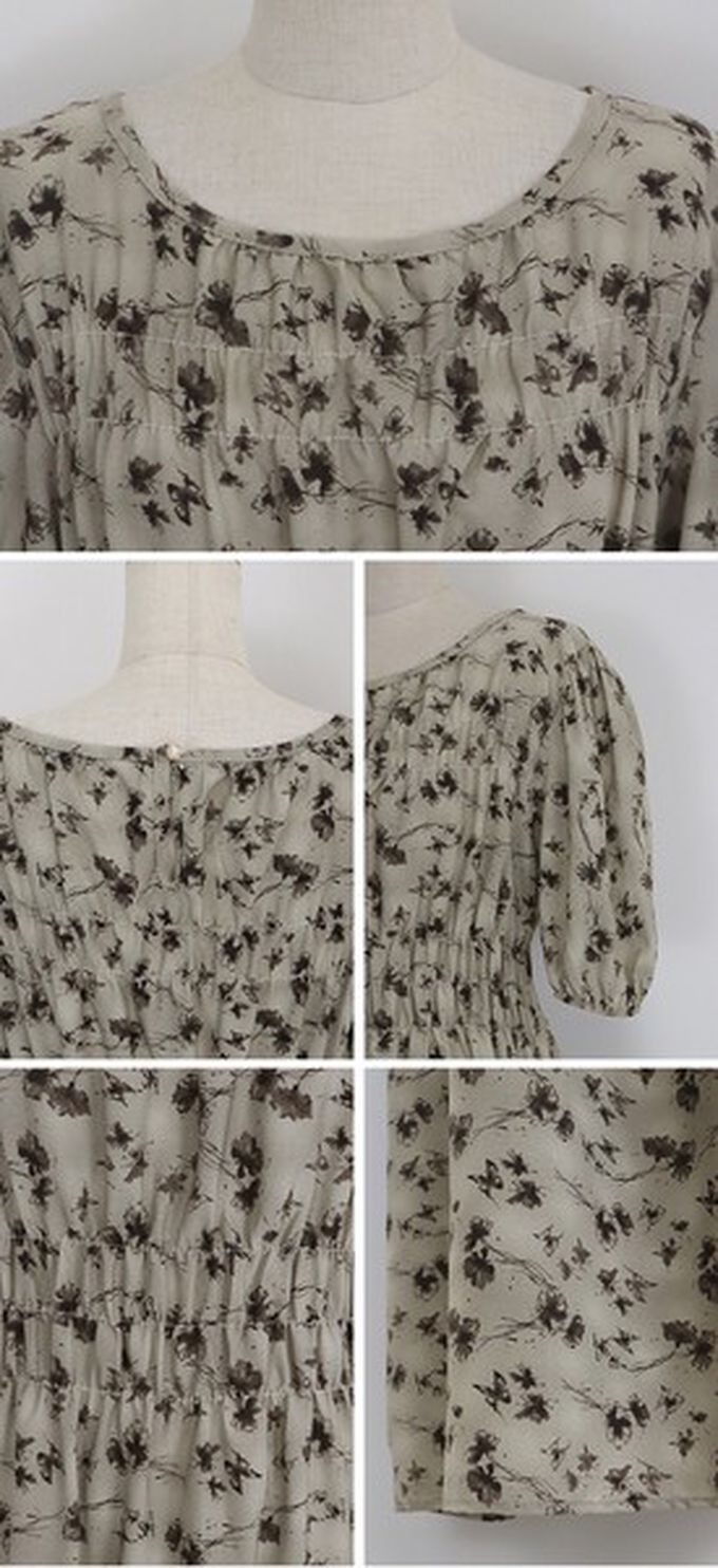 日本 BLUE EAST - 水墨感花卉束腰泡泡袖洋裝-棕綠 (M)