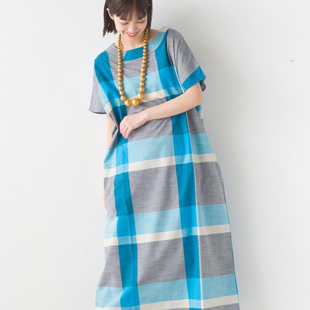 日本 OMNES - 100%純棉 清爽格紋短袖洋裝-水藍x灰