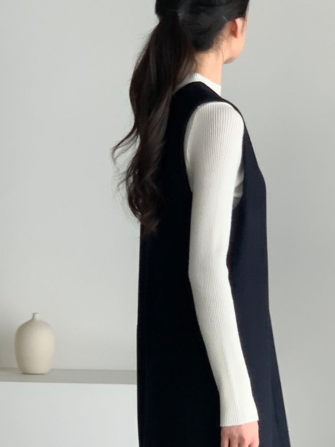 韓國女裝連線 - 簡約V字混羊毛側開連身洋裝-深藍 (FREE)