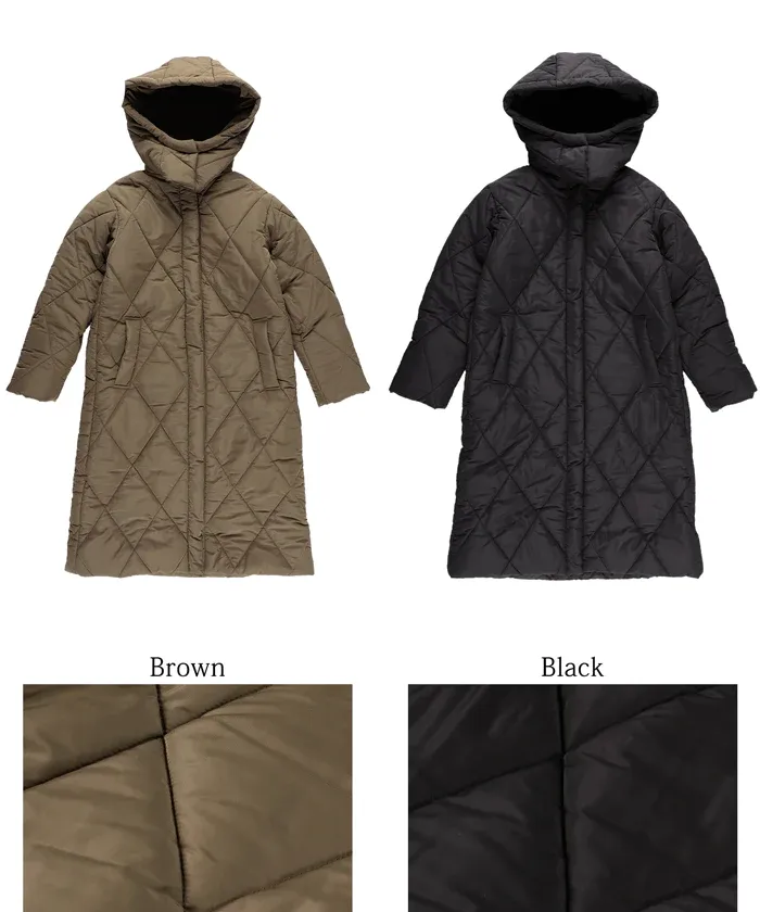 日本 COCA - 俐落長版絎縫鋪棉保暖外套(帽可拆)-咖啡