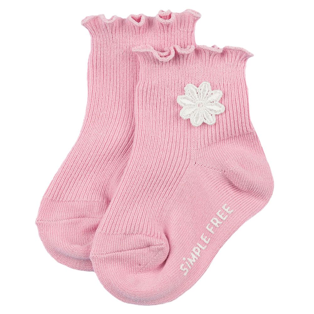 akachan honpo - 羅紋中筒襪-小花蕾絲-粉紅色