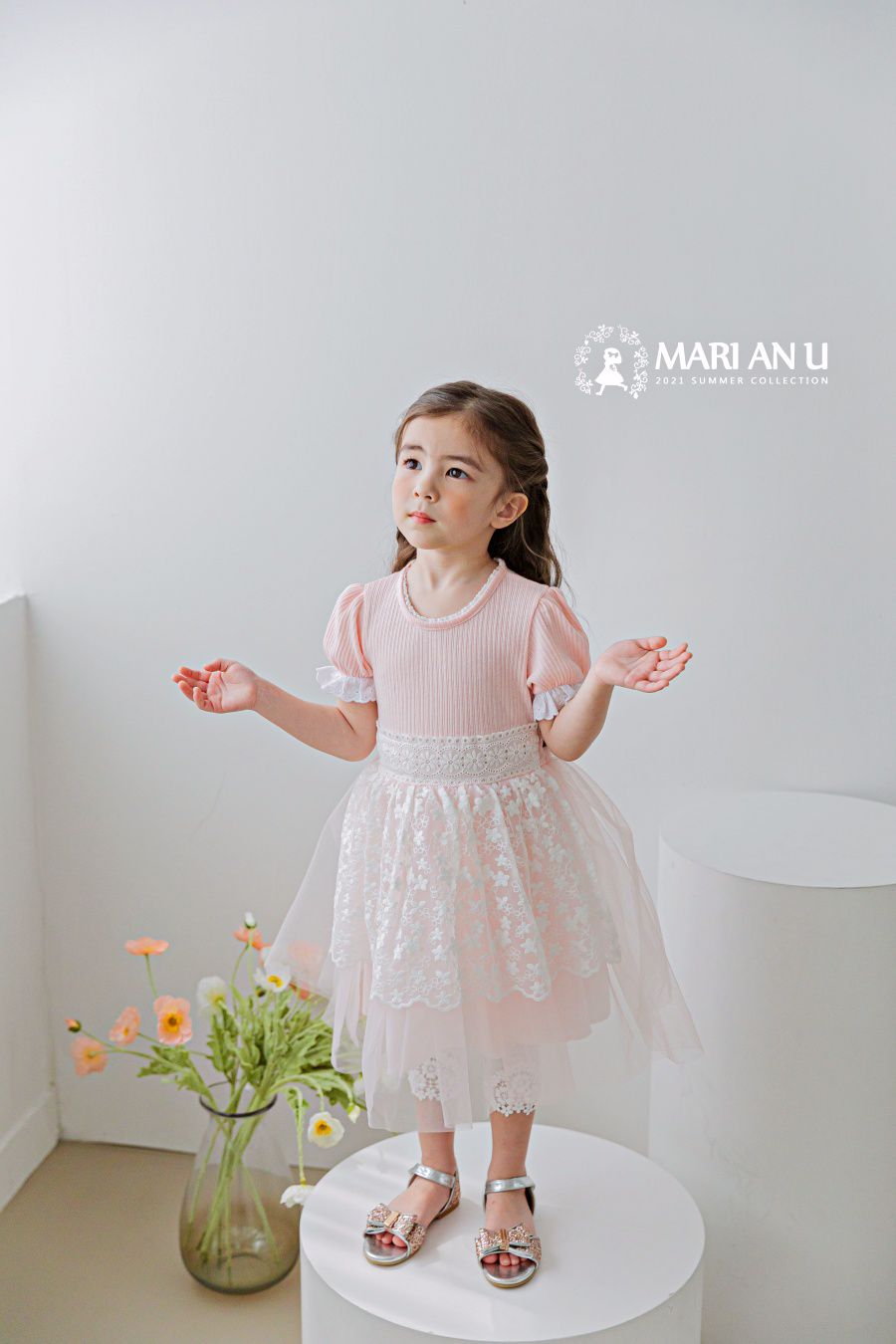 韓國 mari an u - 蕾絲層次紗裙洋裝-粉紅