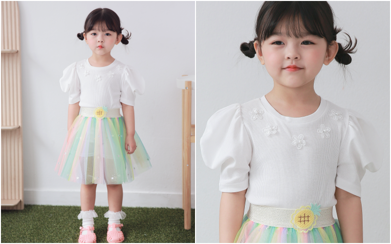 韓國 Coco rabbit - 公主袖花朵領上衣-淺粉紅