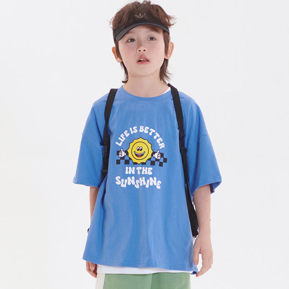 韓國 W.S.B. - 太陽笑臉印純棉短袖上衣-藍