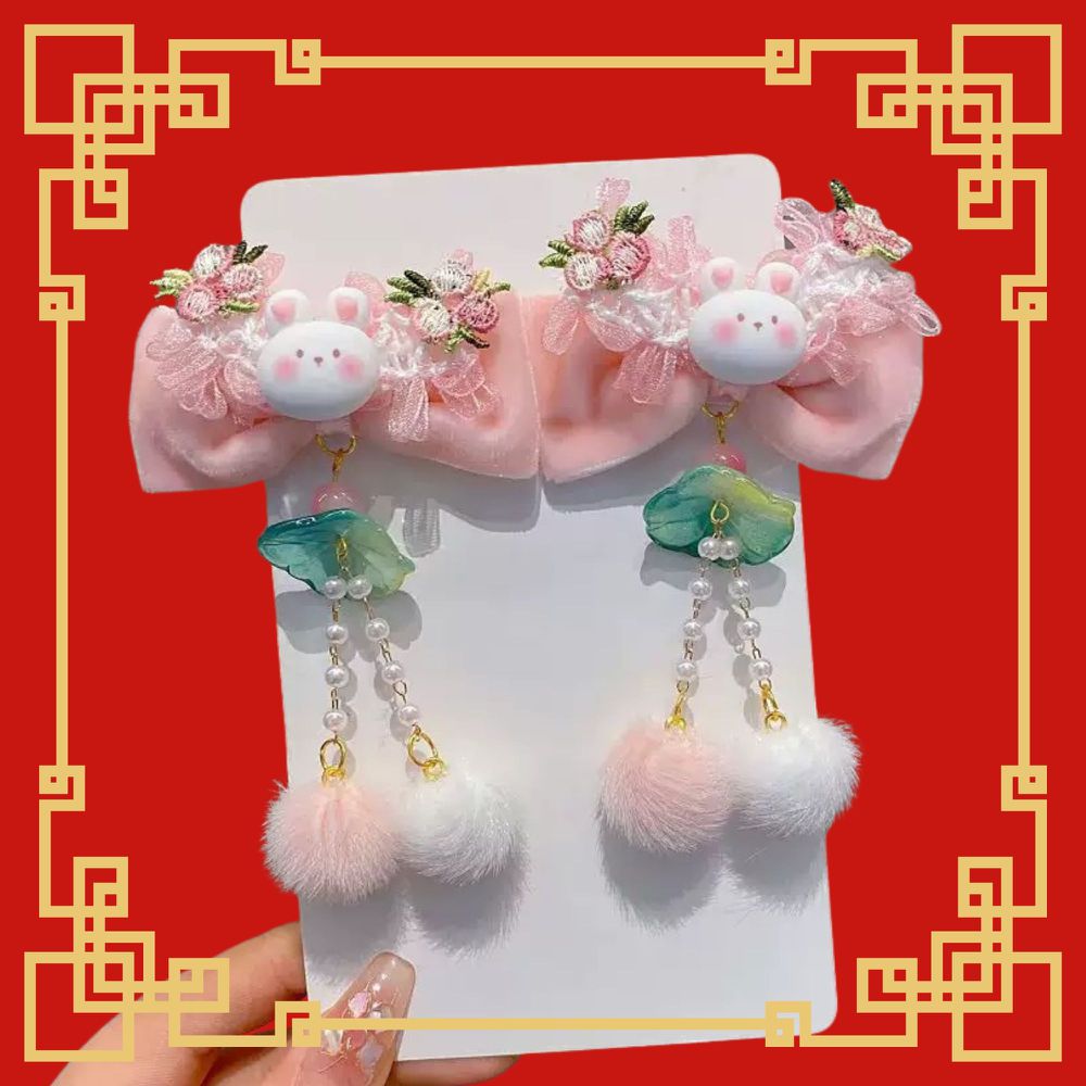 可愛小兔粉色絲絨蝴蝶結毛球吊墜髮飾對夾-粉紅色