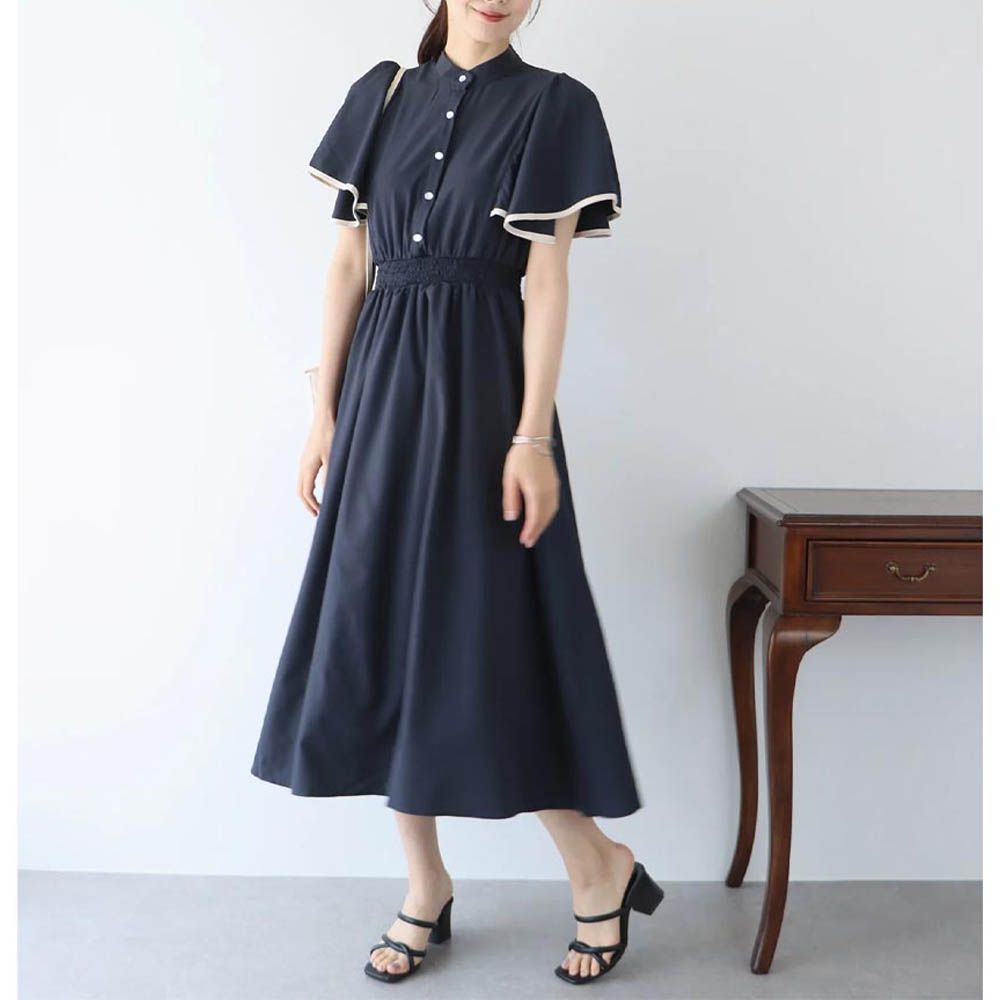 浪漫時光碎花雪紡短袖洋裝-素色-深藍