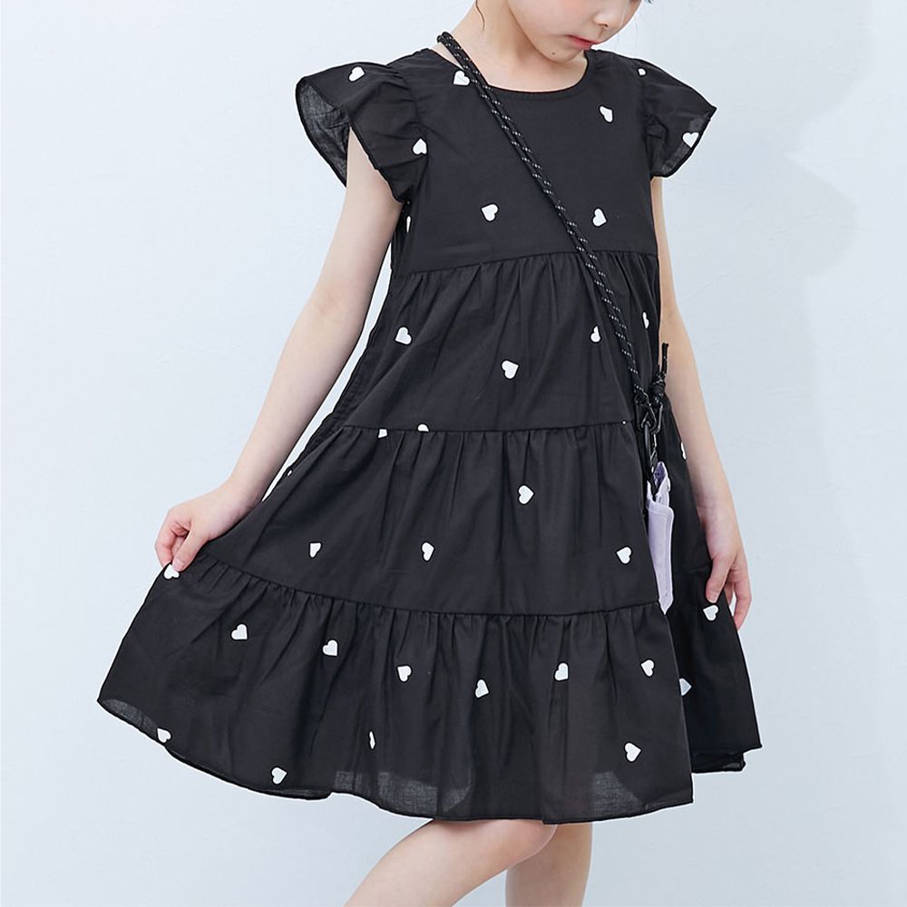 100%棉 輕盈荷葉分層短袖洋裝-刺繡愛心-黑