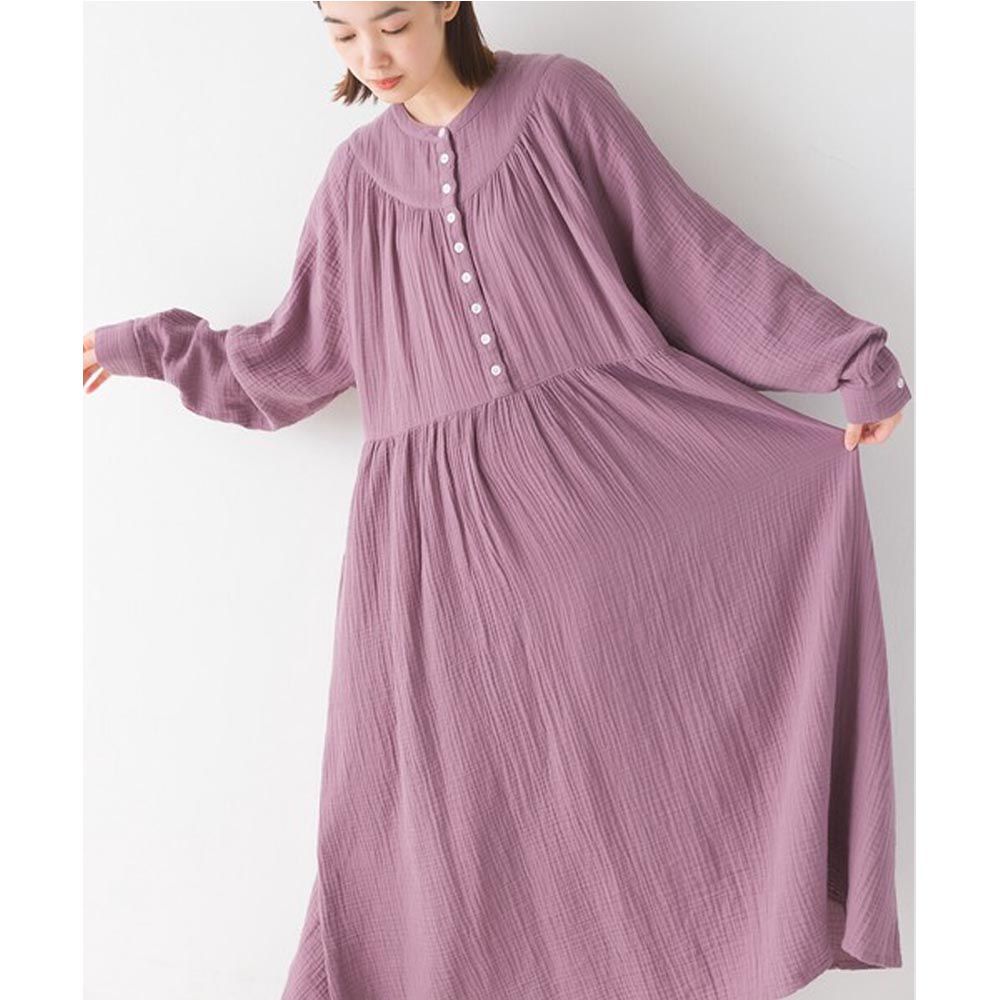 日本 OMNES - 質感二重紗寬版長袖洋裝-莓果紫