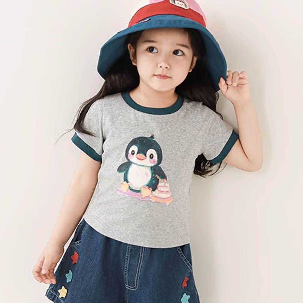 撞色拼接圓領短袖上衣-企鵝-灰色