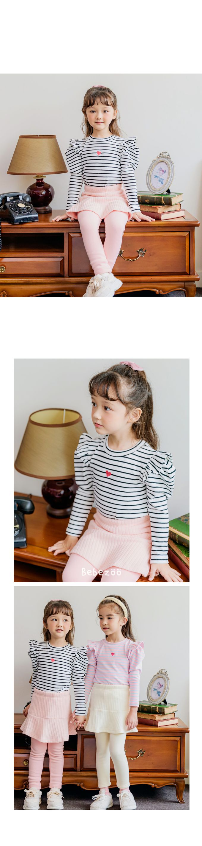 韓國 Bebezoo - 條紋拉絨波浪裝飾長袖上衣-粉X藍