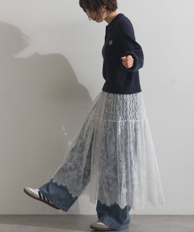 日本 ELENCARE DUE - 奢華睫毛蕾絲飄逸長裙(2件式)-黑