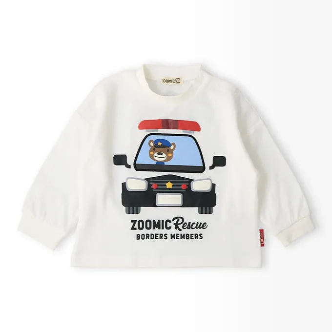 日本 ZOOLAND - 熊熊救援隊 車車印花長袖上衣-警車-白