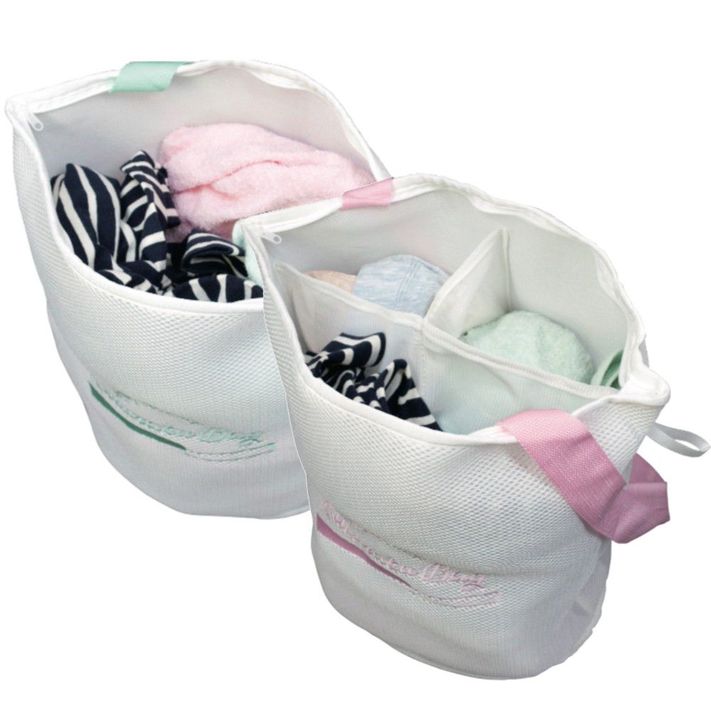 日本 alphax 喜衣袋 - 喜衣袋 三層加厚萬用便利洗衣袋/洗衣籃-粉(分隔設計)*1+綠(無分隔)*1