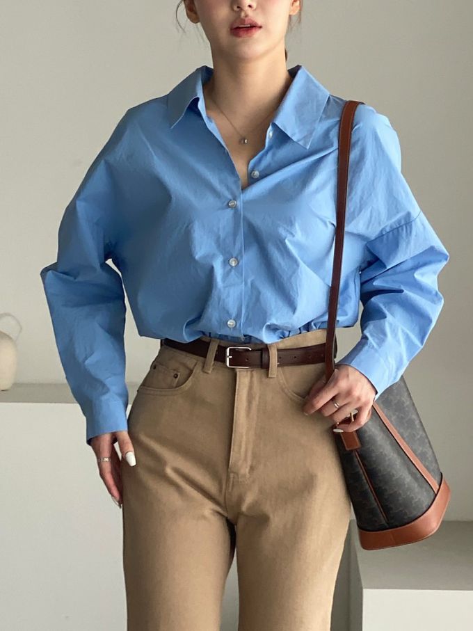 韓國女裝連線 - 知性背後抓褶翻領長袖襯衫-藍 (FREE)