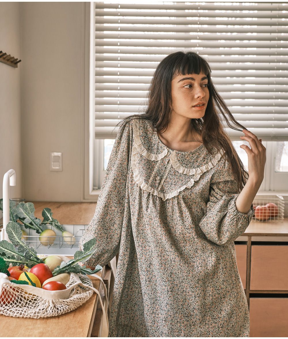 韓國 ULLALA - 浪漫碎花純棉長袖睡衣-(洋裝式)-薄荷綠 (FREE)