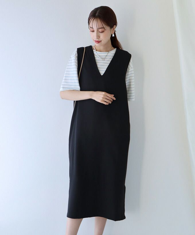 日本 BLUE EAST - 2WAY率性簡約V領連身洋裝/背心裙-黑
