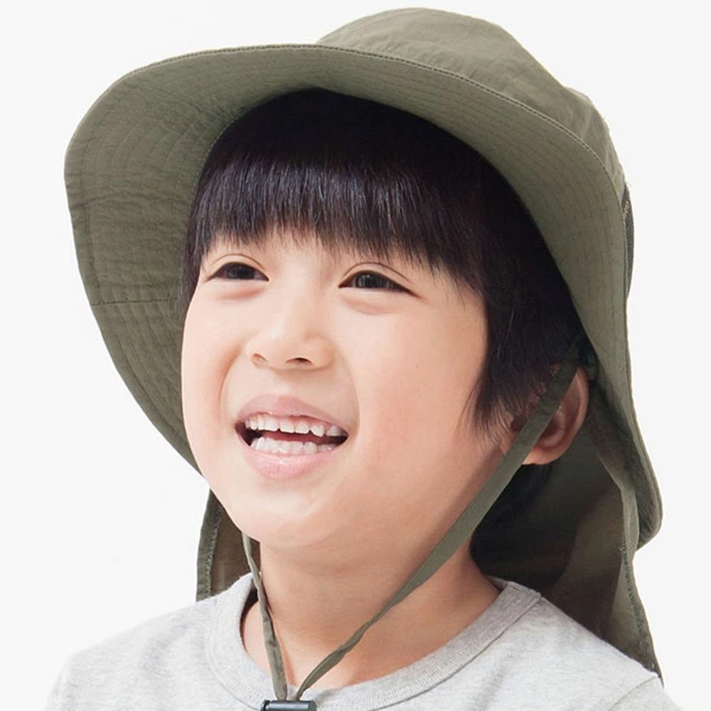 日本 irodori - 抗UV透氣遮陽帽(附防風帽帶/遮頸布)-兒童款-橄欖綠 (約54cm)
