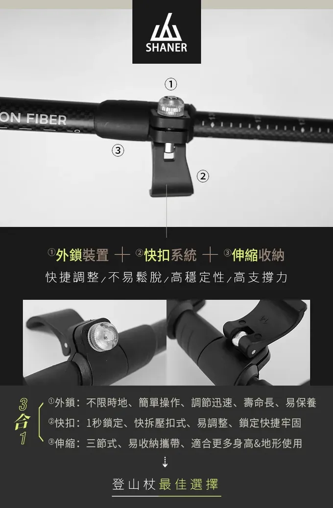 SHANER - 碳纖維伸縮自拍登山杖(自拍架需另購)