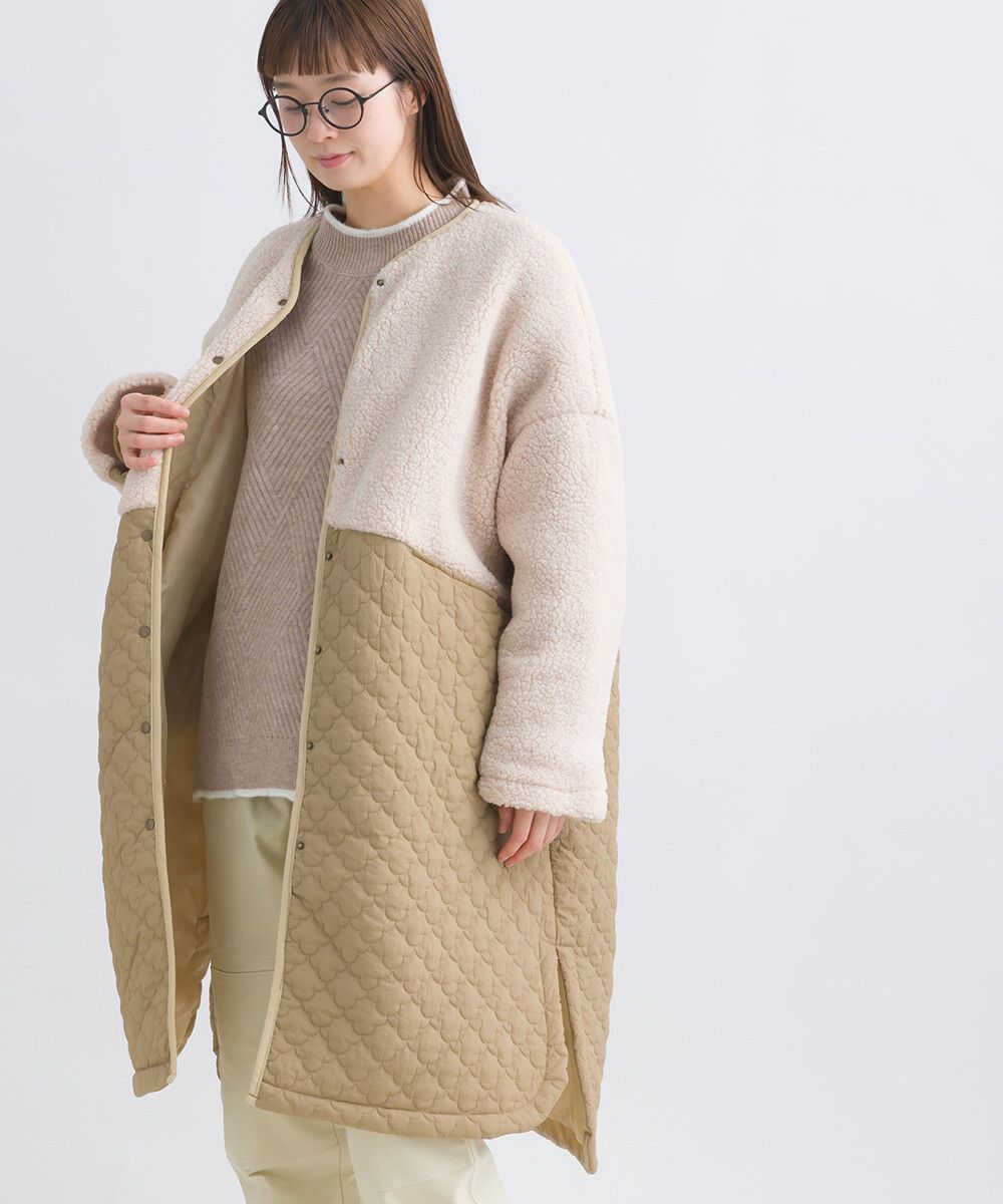 日本女裝代購 - 毛茸雲朵絎縫拼接長版鋪棉外套-軍綠