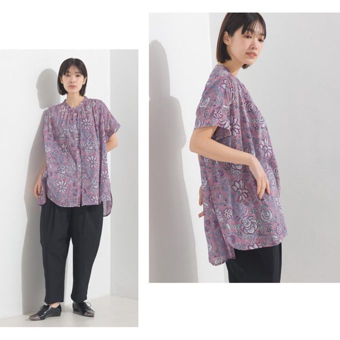 日本 OMNES - 100%印度棉 夏日印花休閒長版襯衫-象牙粉圖騰