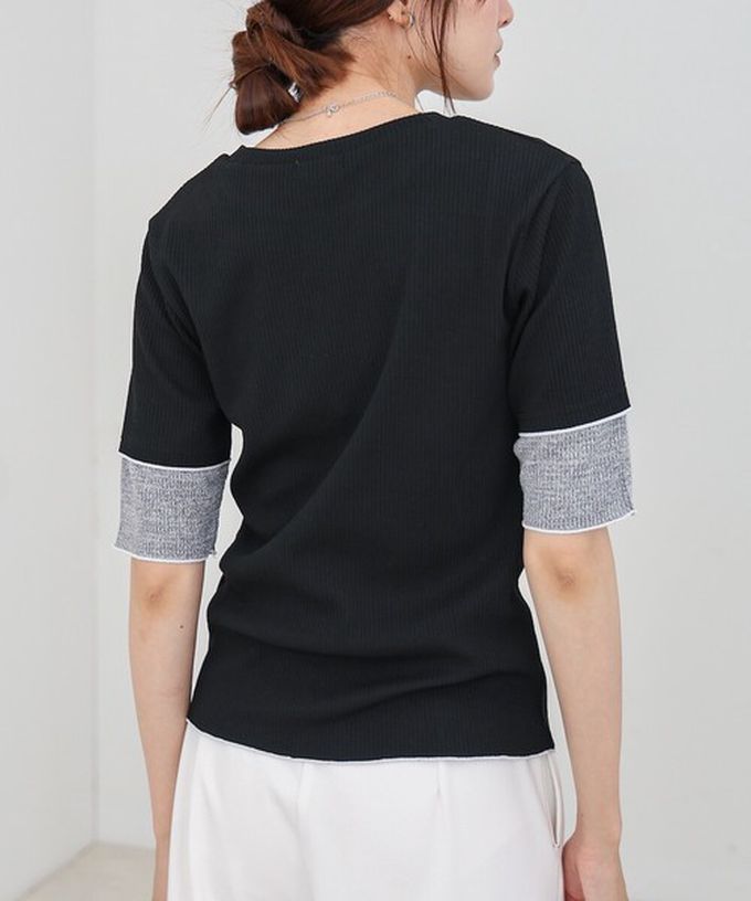 日本 Bab - 柔美線條羅紋異材質短袖上衣-黑 (M)