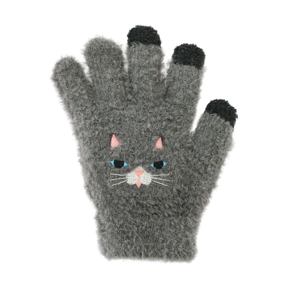 日本 TOMO - (兒童)可觸控可愛動物毛絨保暖手套-深灰貓-深灰