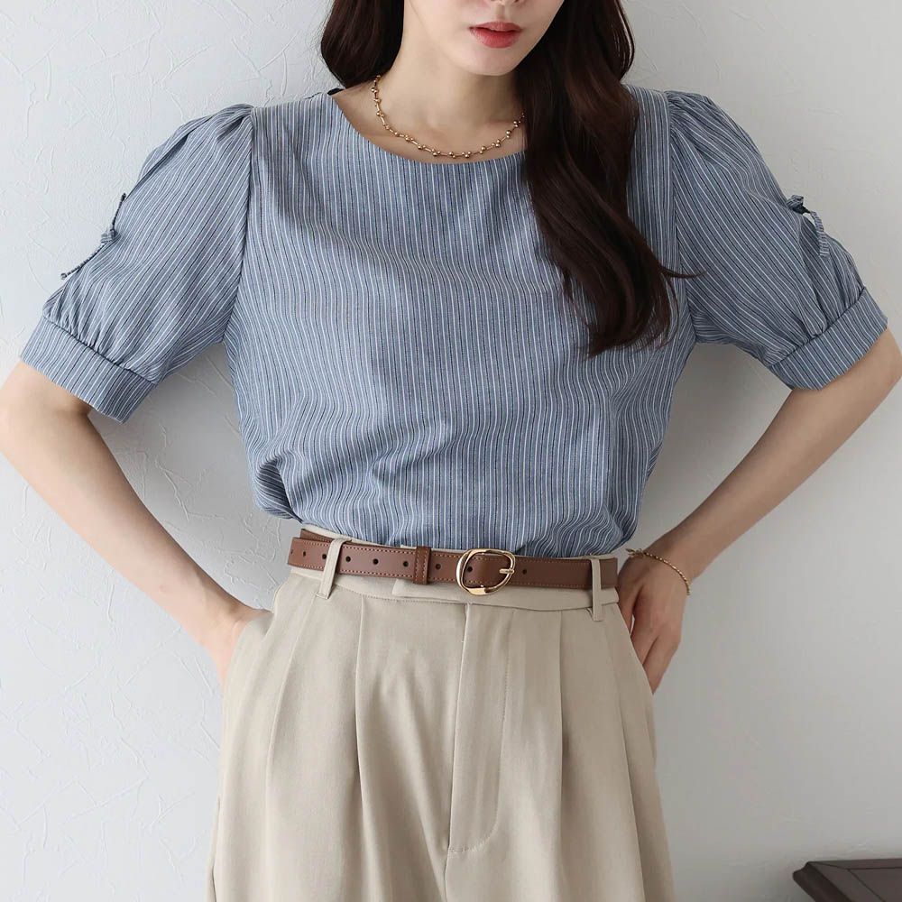 甜美可愛蝴蝶結點綴短袖上衣-條紋-煙燻灰 (M)