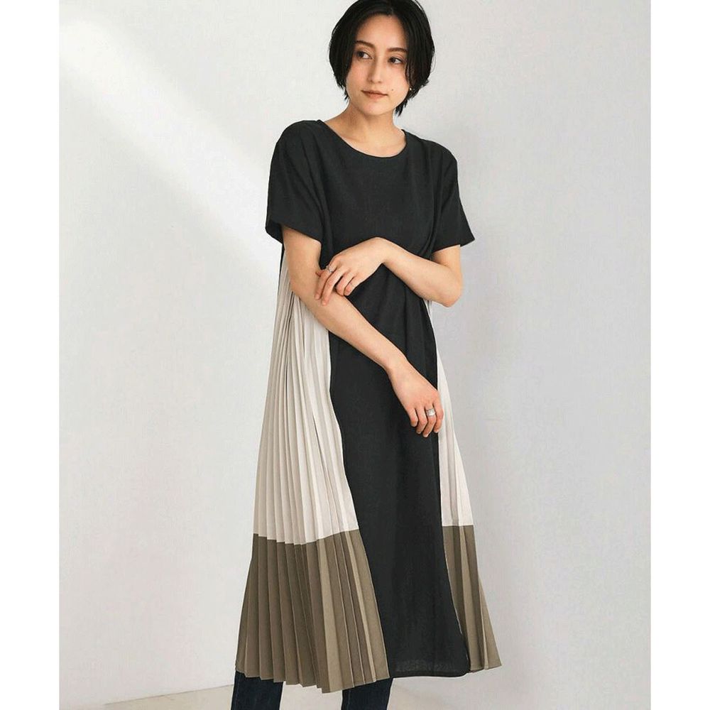 日本 Bou Jeloud - 時尚撞色百褶拼接短袖洋裝-黑色系