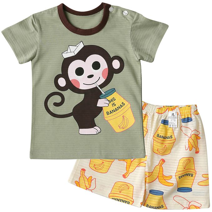 正韓 Puco - 超優質嬰幼兒/兒童短袖100% 有機棉家居服/睡衣-猴子喝香蕉牛奶