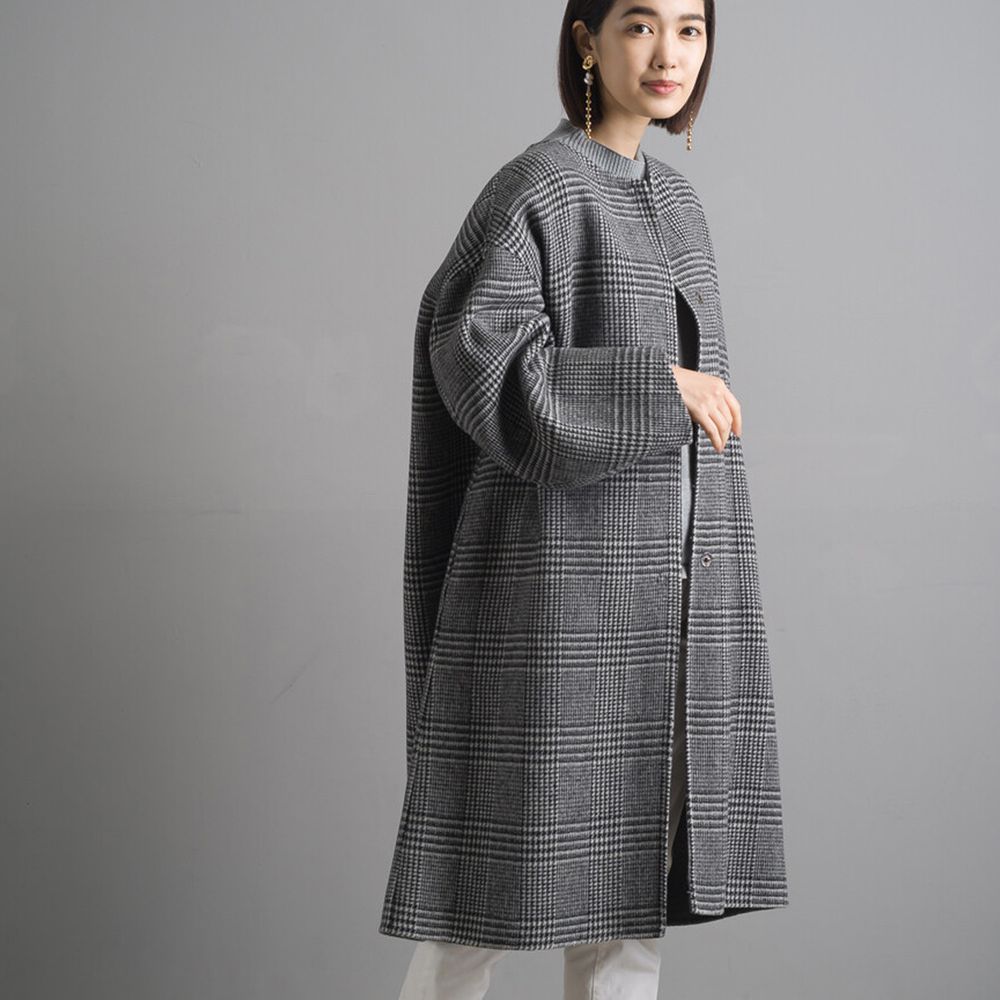 日本 OMNES - 羊毛混紡翻領長版大衣-千鳥格紋-灰黑