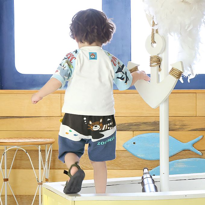 日本 ZOOLAND - 天竺棉海洋動物反摺格紋短褲-藍