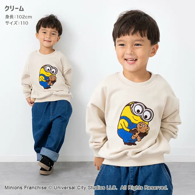 日本 Chil2 - 限量聯名 裏毛印花大學長袖上衣-卡通人物小小兵-立體刺繡-米杏