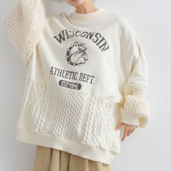 日本 Lupilien - 鬥牛犬印花粗針織拼接裏毛長袖上衣-米白