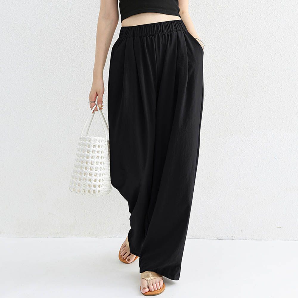 高腰修身微寬鬆落地長褲-黑色