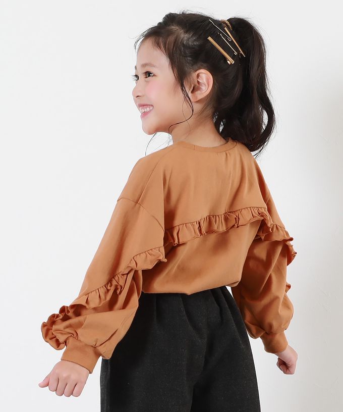 日本 devirock - 可愛背後荷葉邊長袖上衣-卡其綠