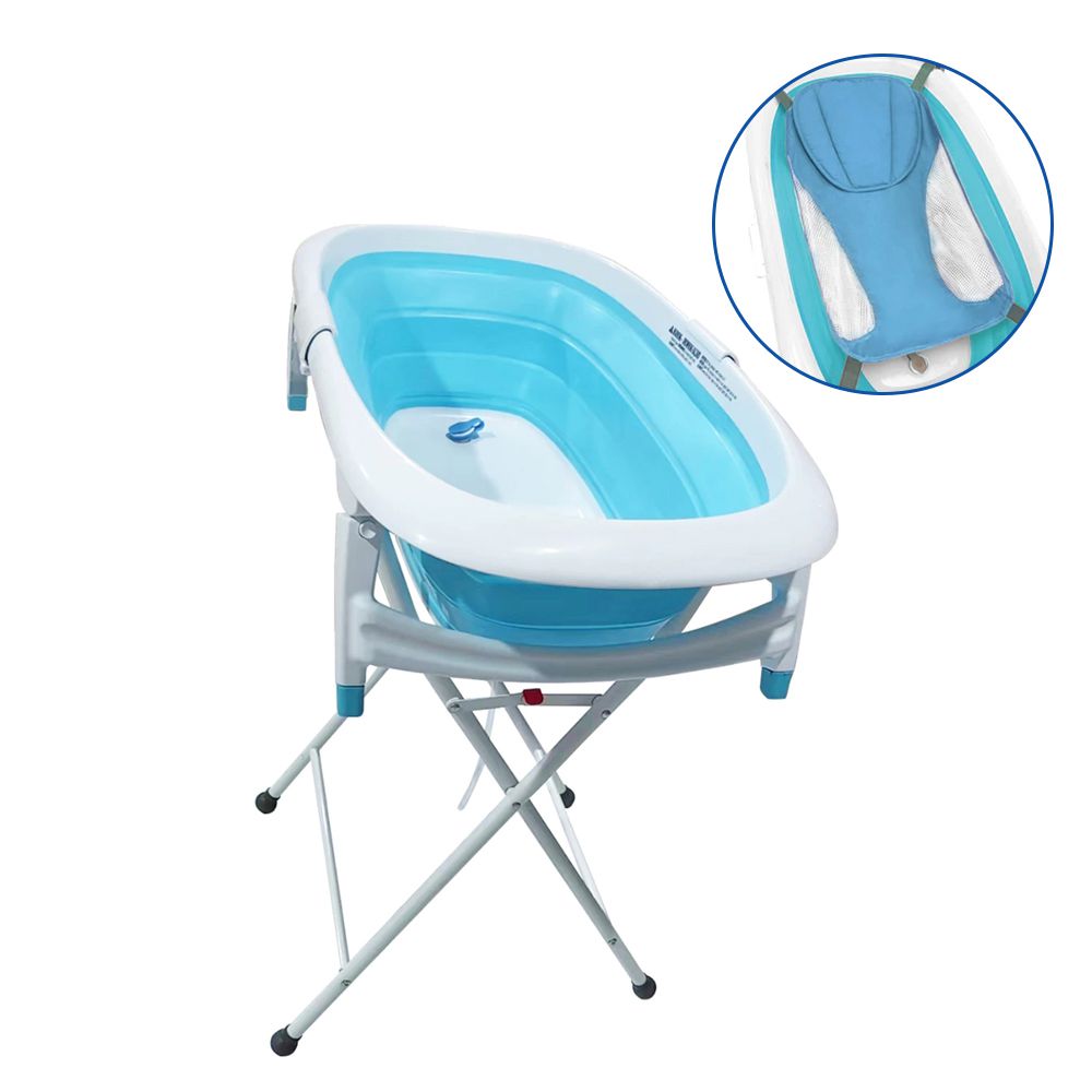 折疊嬰幼兒浴盆附浴盆架+沐浴網-藍