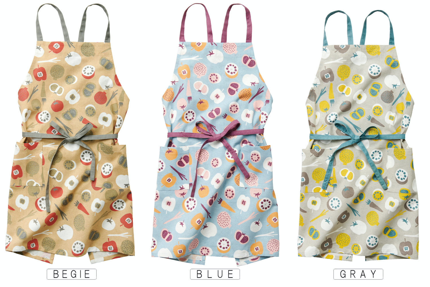 日本代購 - 印度棉大人料理圍裙(雙口袋)-繽紛蔬果-藍紫