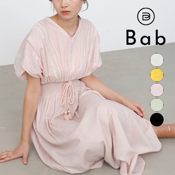 日本 Bab - 100%印度棉 素雅刺繡收腰短袖洋裝-象牙白