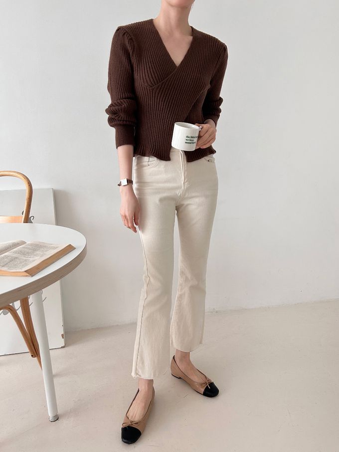 韓國女裝連線 - X交叉設計彈性坑條針織上衣-粉 (FREE)