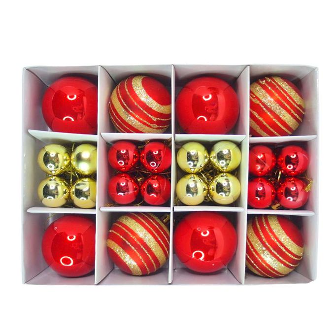 MODACore 摩達客 - 30mm+60mm造型彩繪球40入吊飾禮盒裝(12格) 紅金色系| 聖誕樹裝飾球飾掛飾